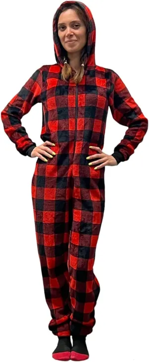 Sasha Christmas Pajamas Hoodie Fleece Plaid Union Suit Jumpsuits Onesie for Women