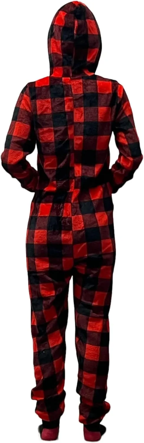 Sasha Christmas Pajamas Hoodie Fleece Plaid Union Suit Jumpsuits Onesie for Women