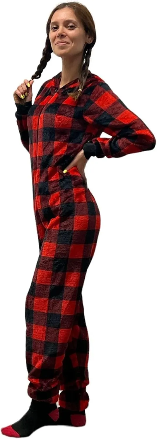 Sasha Christmas Pajamas Hoodie Fleece Plaid Union Suit Jumpsuits Onesie for Women