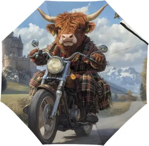 Scottish Highland Cow Motorcycle Rider Folding Umbrella for Rain Sun Windproof Automatic