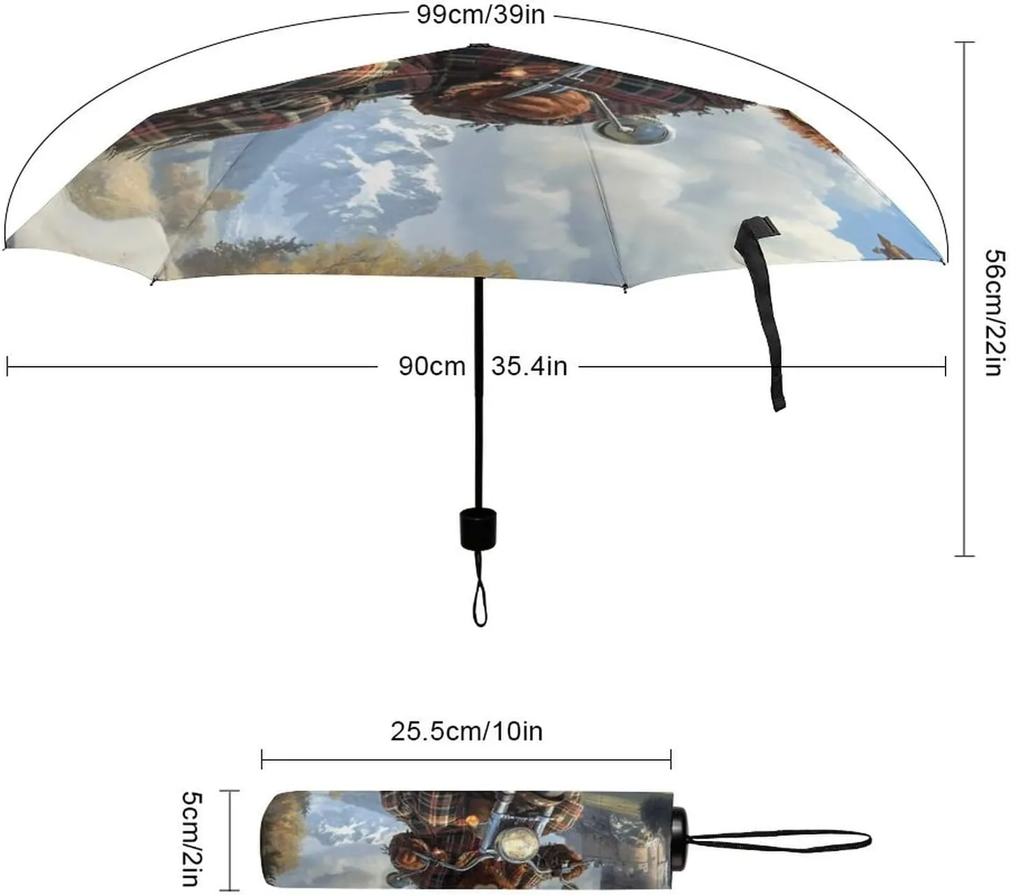 Scottish Highland Cow Motorcycle Rider Folding Umbrella for Rain Sun Windproof Automatic