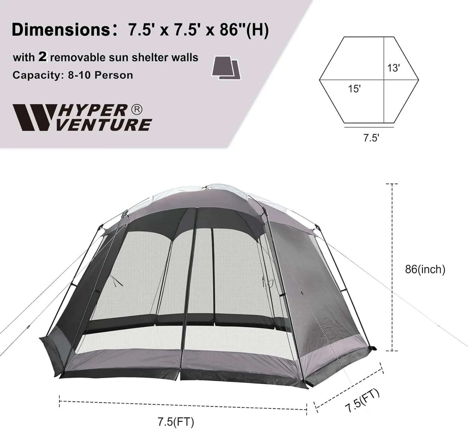 Screen House 15x13 FT Mesh Canopy Tent Camping Gazebo Shelter for 8-10 People Outdoor Party Activities