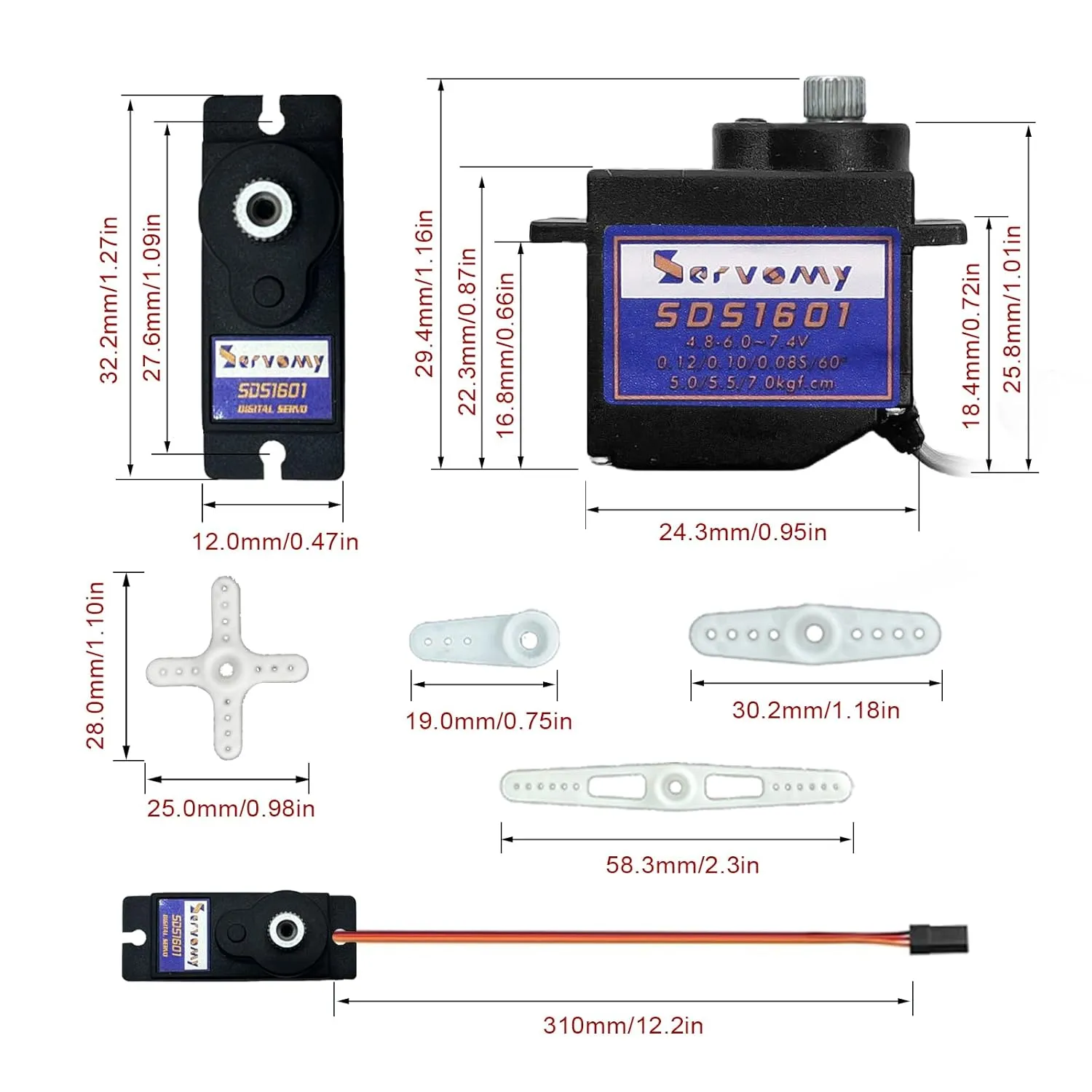 SDS1601, Upgrade for SG90 MG90S, High Torque Coreless Digital Micro Servo, 7.5Kgf.cm 0.07s 8.4V, Metal Gear & Arm 9G Size Mini Servo, for RC Models, Robot, Boat (Blank, 25T, 180°)