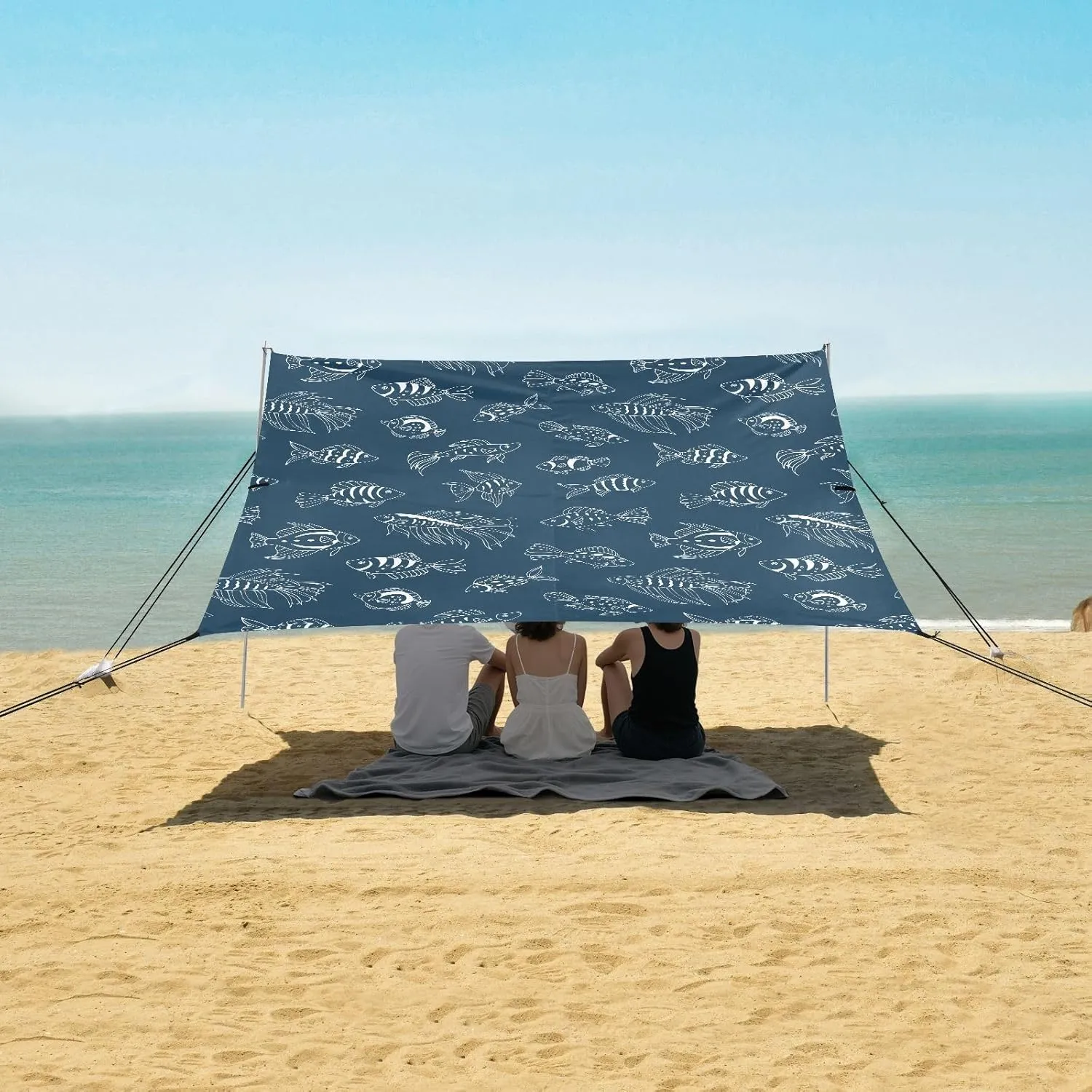Sea Fishes Cartoon Style Beach Canopy Tent Anti-UV & Wind Resistant, Camping Sun Shelter Easy Setup Portable,Outdoor Shade Tents with Sandbags,Sand Shovels,Ground Pegs & Stability Poles