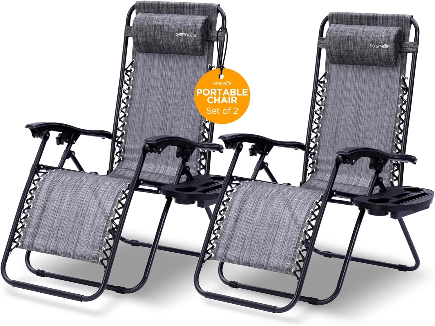 SereneLife Zero Gravity Chairs Set of 2 - Adjustable Outdoor Lounge Chairs with Side Tray, Cup Holders, Removable Pillows, Folding Portable Camping Chairs for Patio, Backyard, Beach - Charcoal