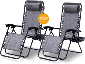 SereneLife Zero Gravity Chairs Set of 2 - Adjustable Outdoor Lounge Chairs with Side Tray, Cup Holders, Removable Pillows, Folding Portable Camping Chairs for Patio, Backyard, Beach - Charcoal