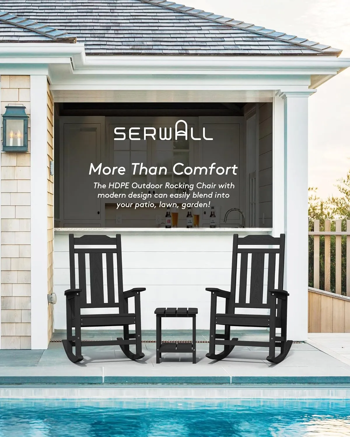 SERWALL Black Outdoor Rocking Chair Set of 2, All Weather Patio Rocking Chair, HDPE Poly Rocking Chair for Adults, Heavy Duty Front Porch Rocker