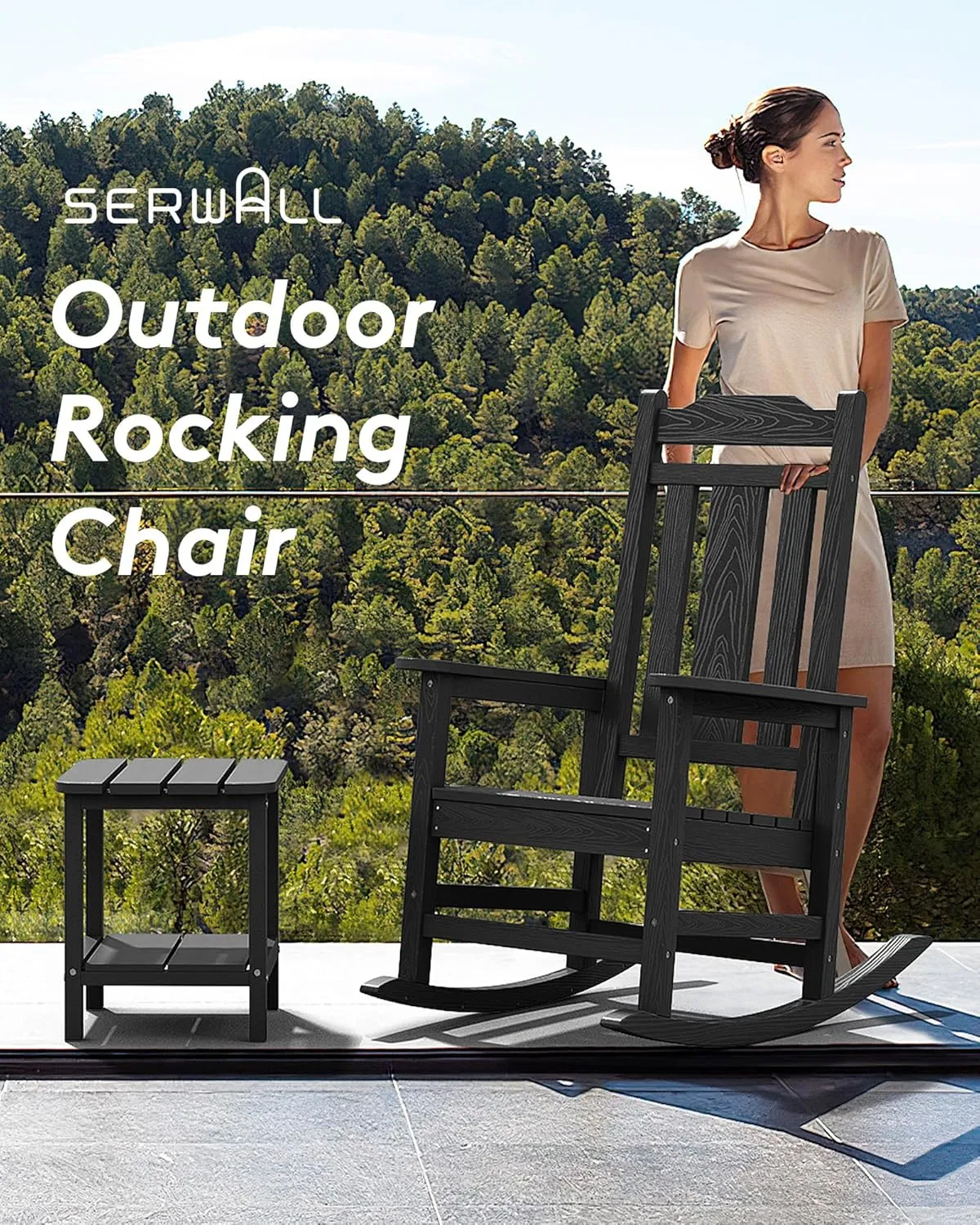 SERWALL Black Outdoor Rocking Chair Set of 2, All Weather Patio Rocking Chair, HDPE Poly Rocking Chair for Adults, Heavy Duty Front Porch Rocker