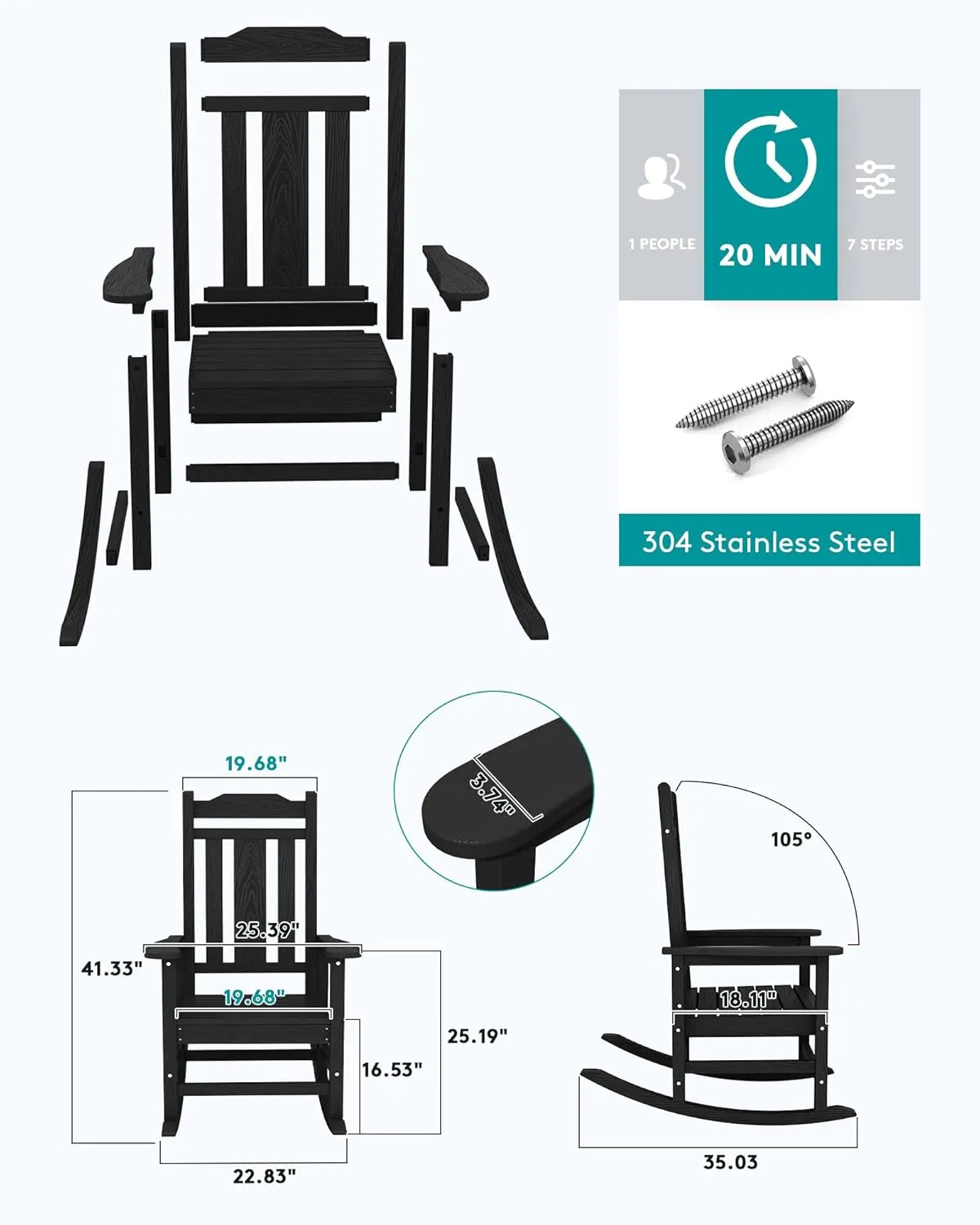 SERWALL Black Outdoor Rocking Chair Set of 2, All Weather Patio Rocking Chair, HDPE Poly Rocking Chair for Adults, Heavy Duty Front Porch Rocker