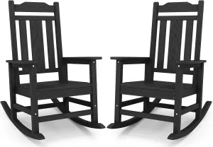 SERWALL Black Outdoor Rocking Chair Set of 2, All Weather Patio Rocking Chair, HDPE Poly Rocking Chair for Adults, Heavy Duty Front Porch Rocker