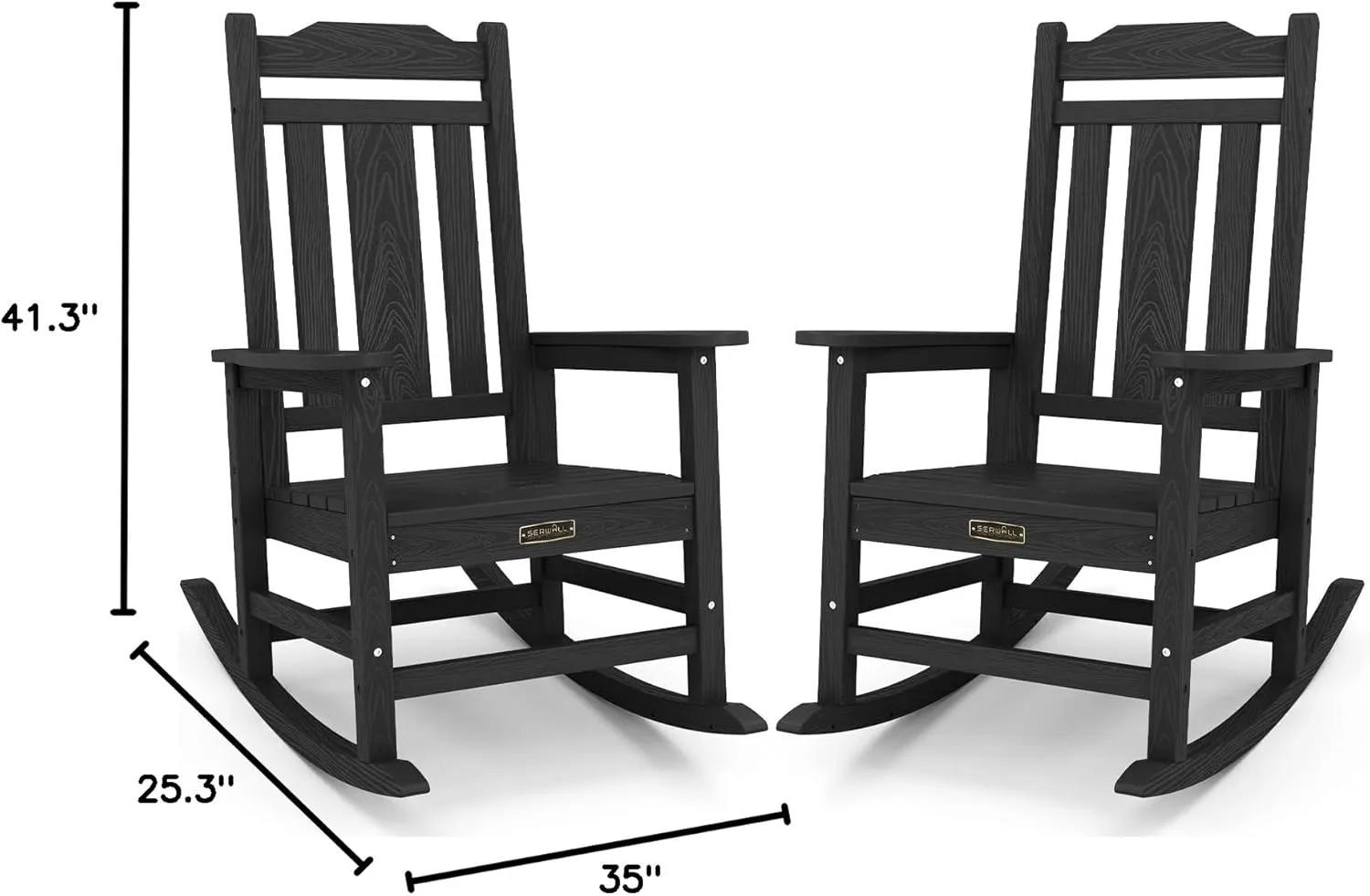 SERWALL Black Outdoor Rocking Chair Set of 2, All Weather Patio Rocking Chair, HDPE Poly Rocking Chair for Adults, Heavy Duty Front Porch Rocker