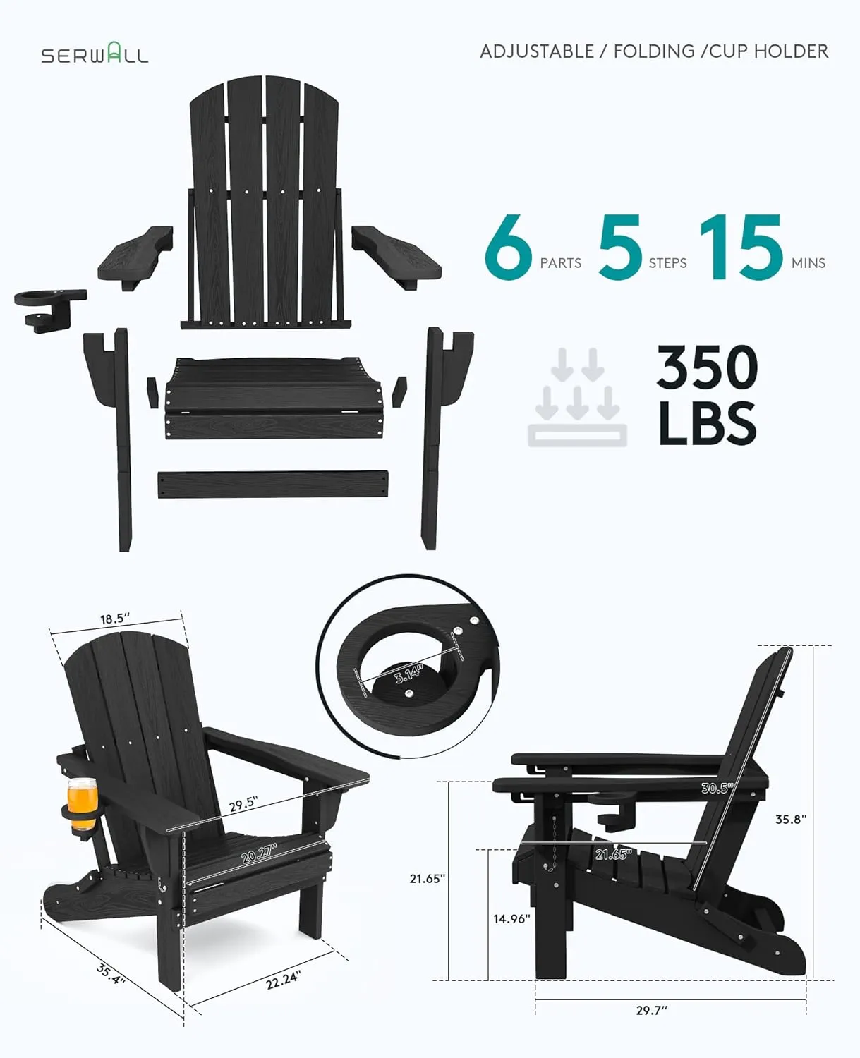 SERWALL Folding Adirondack Chair, Adirondack Outdoor Chair with Cup Holder, Adjustable Adirondack Chair with 3 Recline Positions, All Weather HDPE Outdoor Adirondack, Black