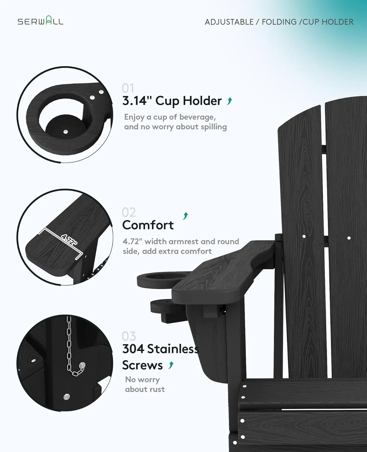 SERWALL Folding Adirondack Chair, Adirondack Outdoor Chair with Cup Holder, Adjustable Adirondack Chair with 3 Recline Positions, All Weather HDPE Outdoor Adirondack, Black