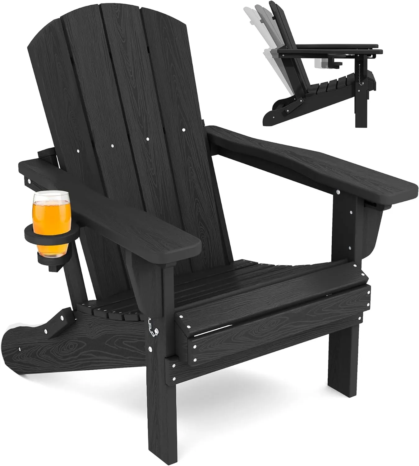SERWALL Folding Adirondack Chair, Adirondack Outdoor Chair with Cup Holder, Adjustable Adirondack Chair with 3 Recline Positions, All Weather HDPE Outdoor Adirondack, Black