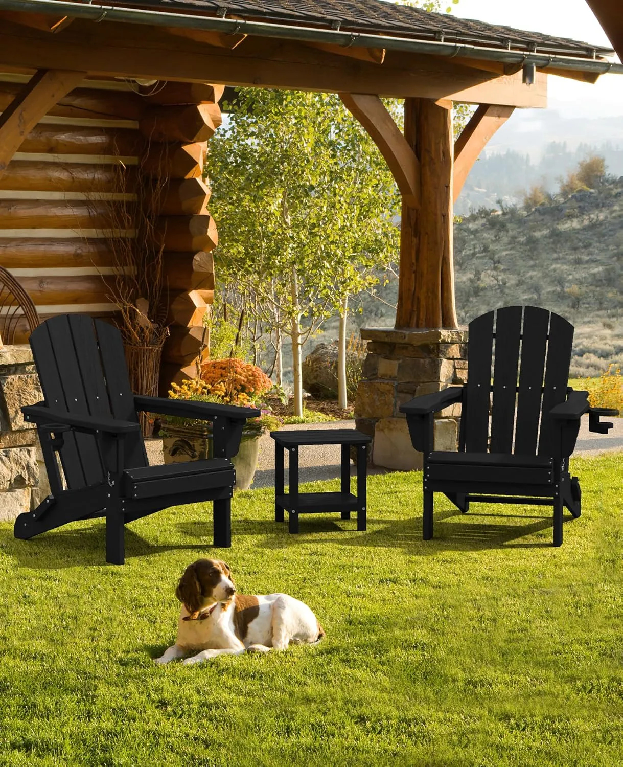 SERWALL Folding Adirondack Chair, Adirondack Outdoor Chair with Cup Holder, Adjustable Adirondack Chair with 3 Recline Positions, All Weather HDPE Outdoor Adirondack, Black