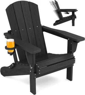 SERWALL Folding Adirondack Chair, Adirondack Outdoor Chair with Cup Holder, Adjustable Adirondack Chair with 3 Recline Positions, All Weather HDPE Outdoor Adirondack, Black