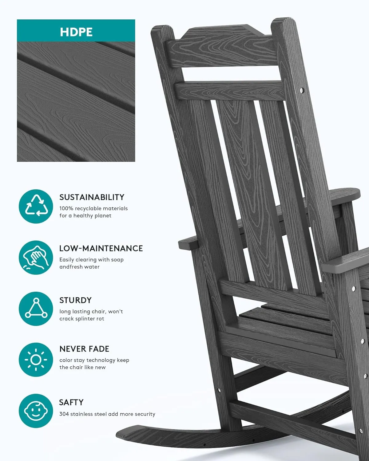 SERWALL HDPE Rocking Chair Set of 2, All Weather Patio Rocking Chair, HDPE Poly Rocking Chair for Adults, Heavy Duty Front Porch Rocker, Gray