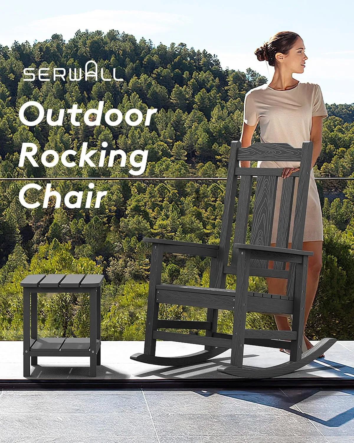 SERWALL HDPE Rocking Chair Set of 2, All Weather Patio Rocking Chair, HDPE Poly Rocking Chair for Adults, Heavy Duty Front Porch Rocker, Gray