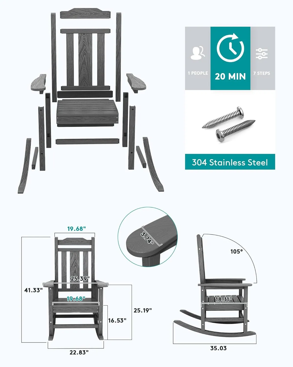 SERWALL HDPE Rocking Chair Set of 2, All Weather Patio Rocking Chair, HDPE Poly Rocking Chair for Adults, Heavy Duty Front Porch Rocker, Gray