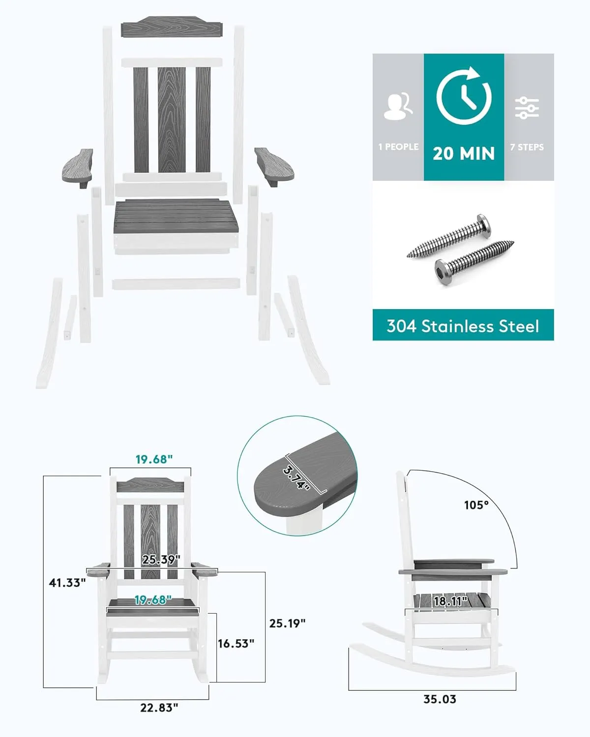 SERWALL Outdoor Rocking Chair Gray&White