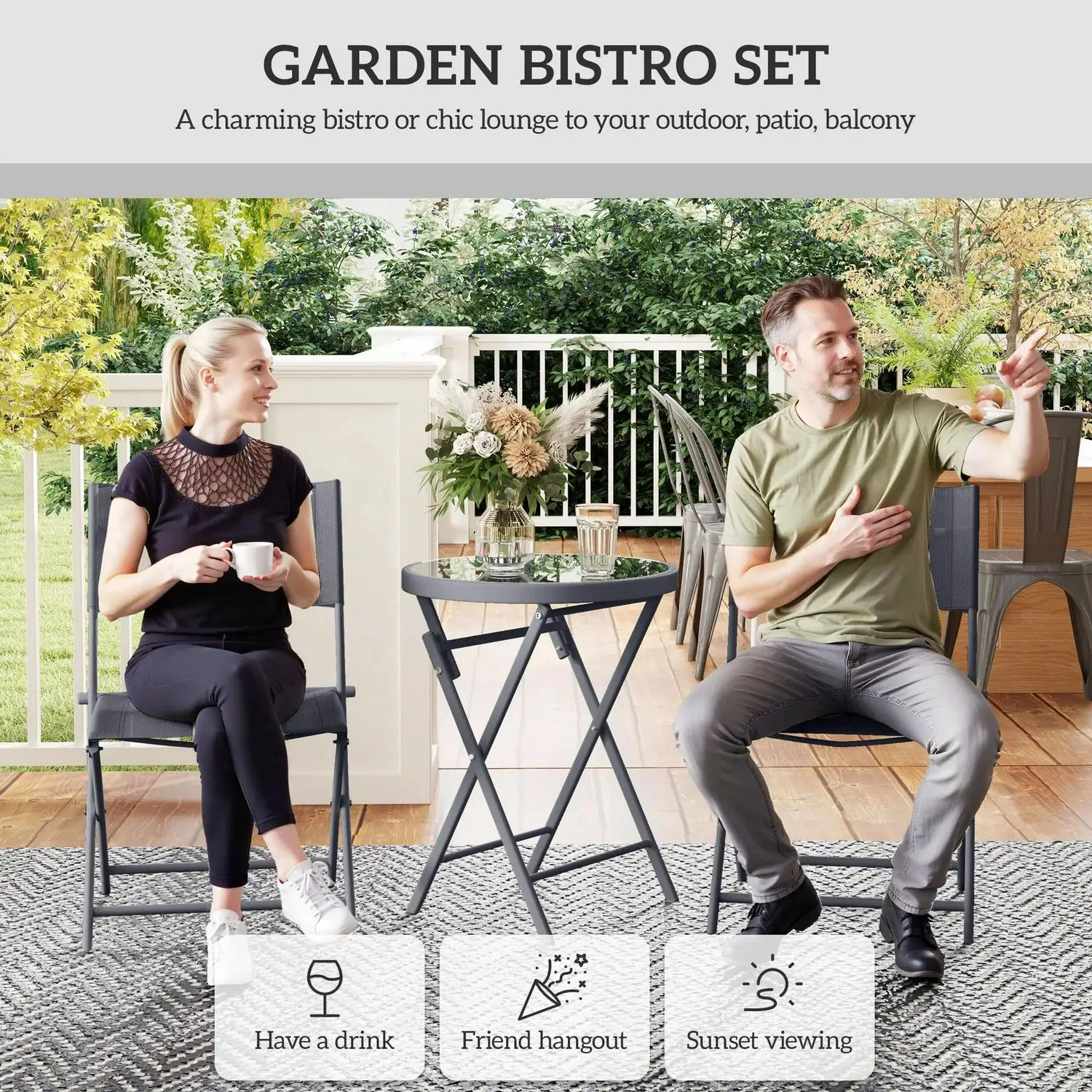 Set, Glass And 3 Pieces With Outdoor Outsunny Folding Chairs Protecting Percentage-off Feet, Table Bistro Top Special offers Grey 2