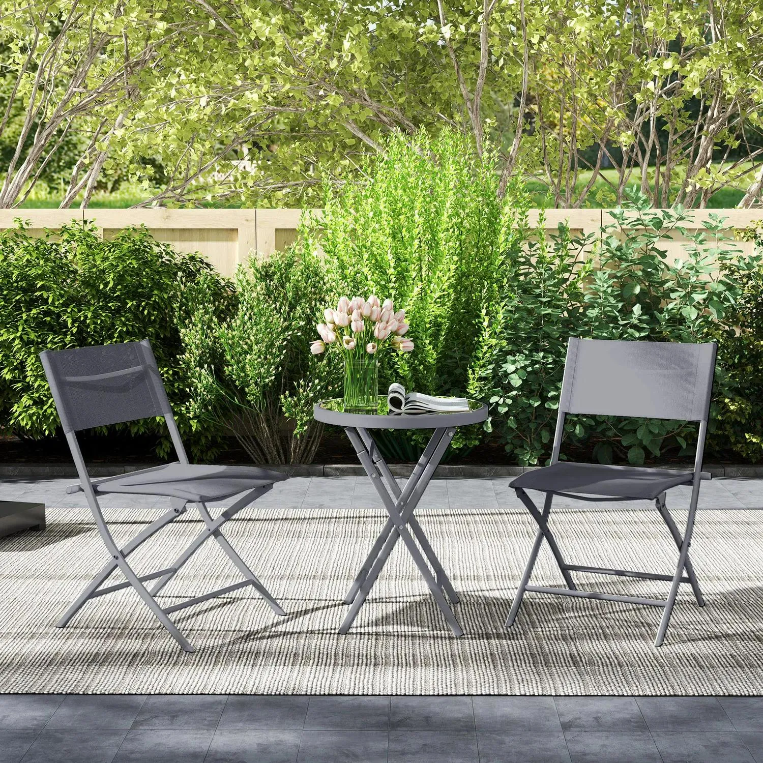 Set, Glass And 3 Pieces With Outdoor Outsunny Folding Chairs Protecting Percentage-off Feet, Table Bistro Top Special offers Grey 2