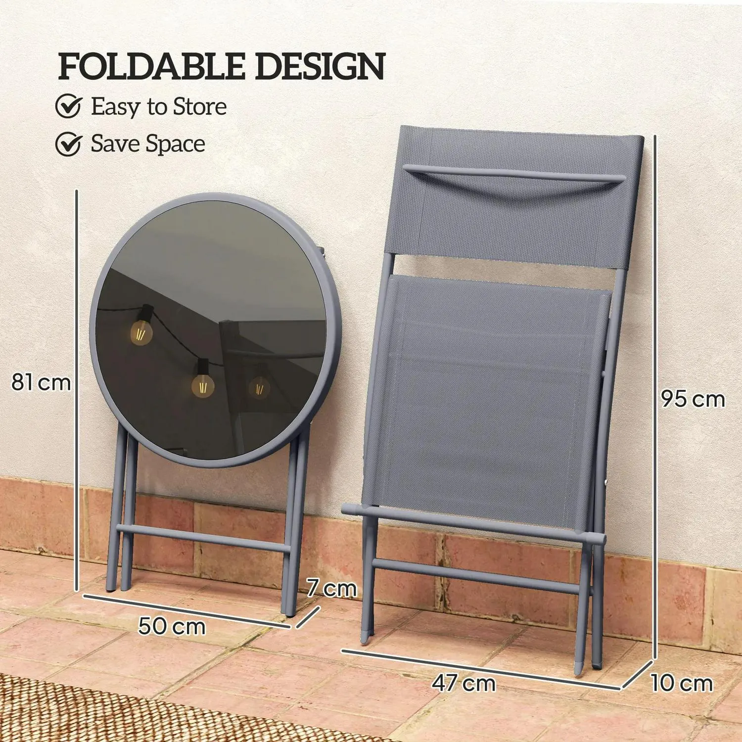 Set, Glass And 3 Pieces With Outdoor Outsunny Folding Chairs Protecting Percentage-off Feet, Table Bistro Top Special offers Grey 2