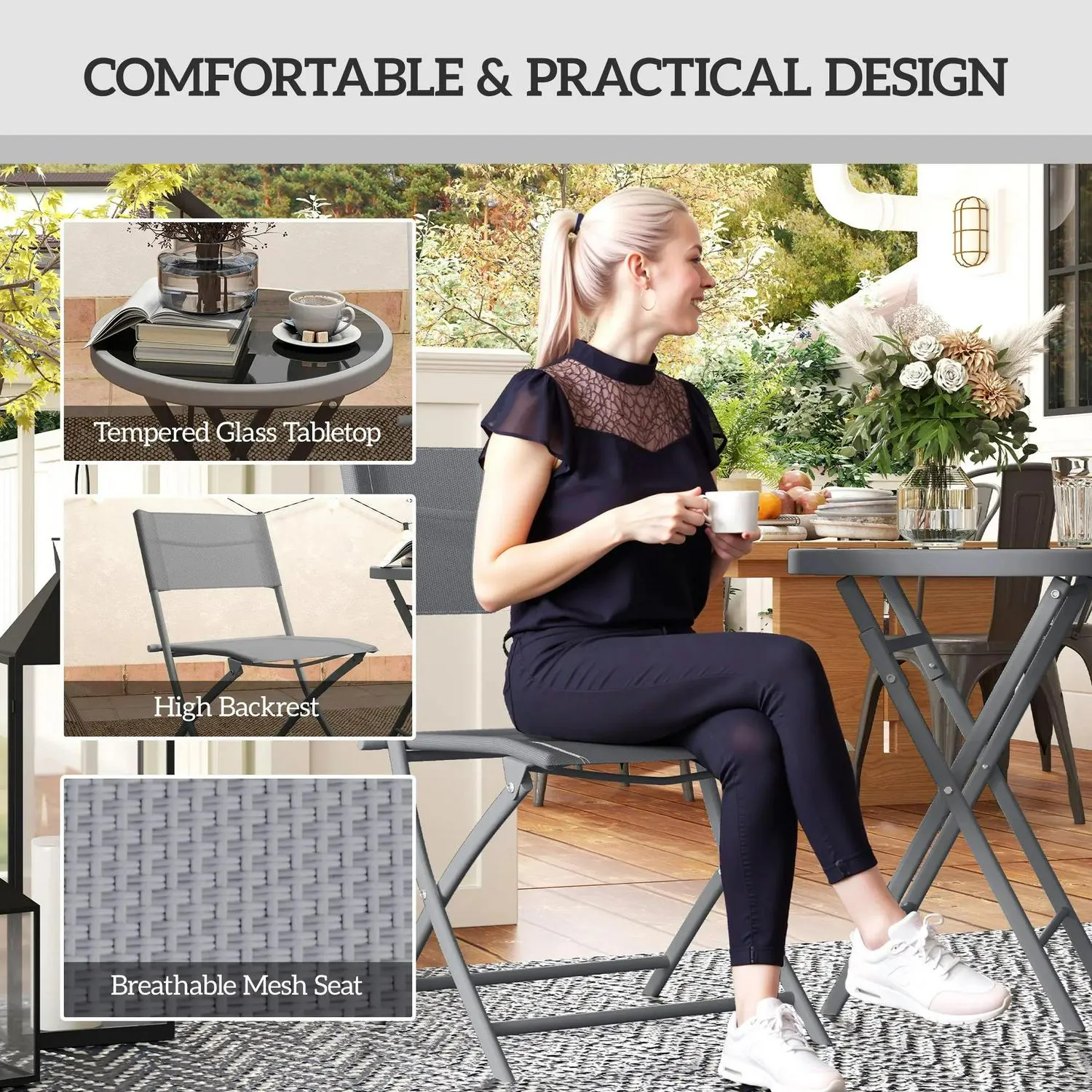 Set, Glass And 3 Pieces With Outdoor Outsunny Folding Chairs Protecting Percentage-off Feet, Table Bistro Top Special offers Grey 2