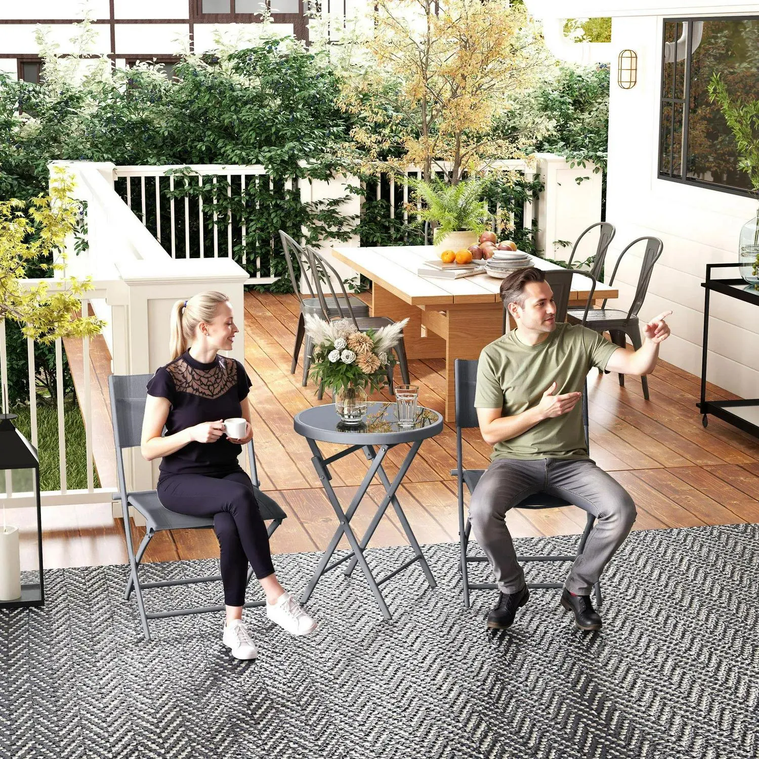 Set, Glass And 3 Pieces With Outdoor Outsunny Folding Chairs Protecting Percentage-off Feet, Table Bistro Top Special offers Grey 2