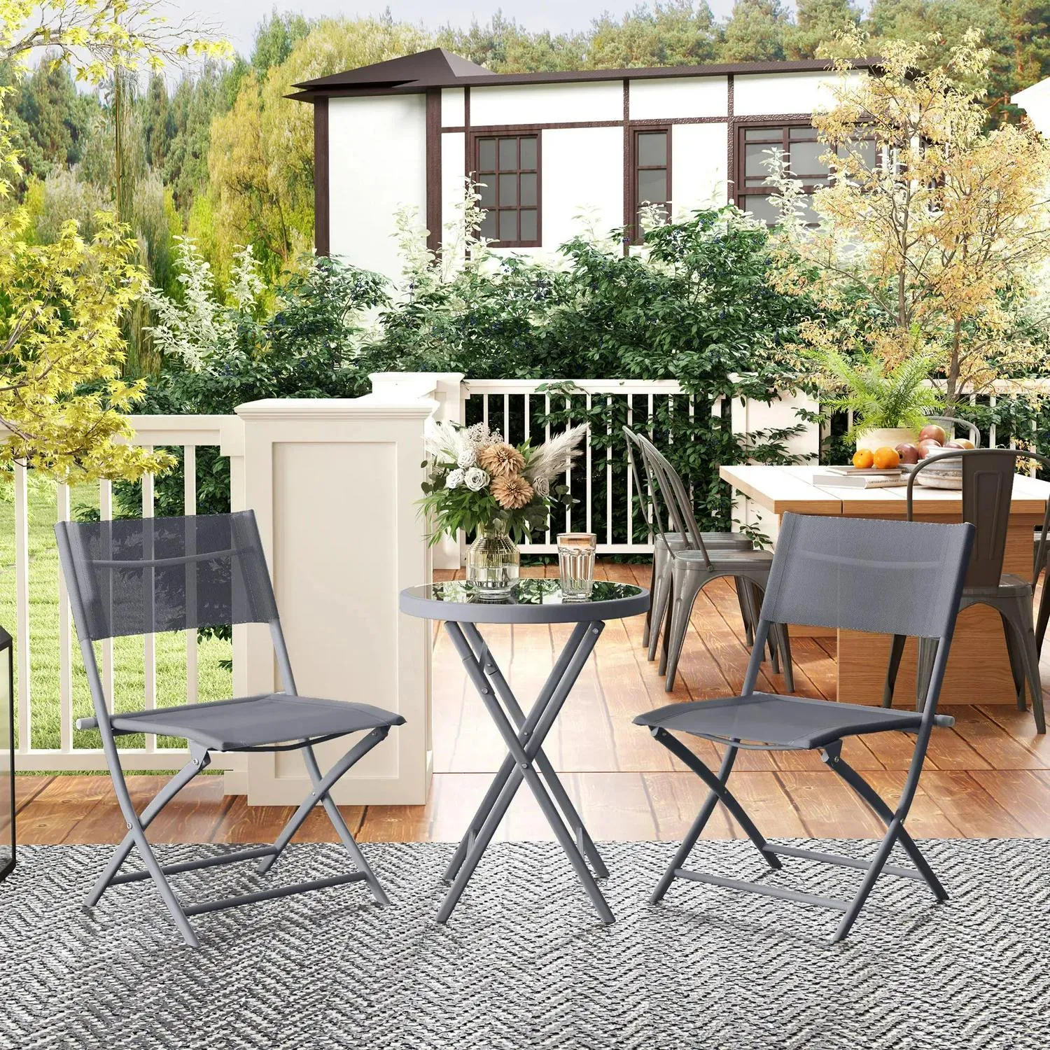 Set, Glass And 3 Pieces With Outdoor Outsunny Folding Chairs Protecting Percentage-off Feet, Table Bistro Top Special offers Grey 2