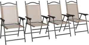 Set of 4 Sports Chairs for Adults, Camping Chairs with Armrests, Breathable Mesh Fabric Seat for Lawn, Brown EO299
