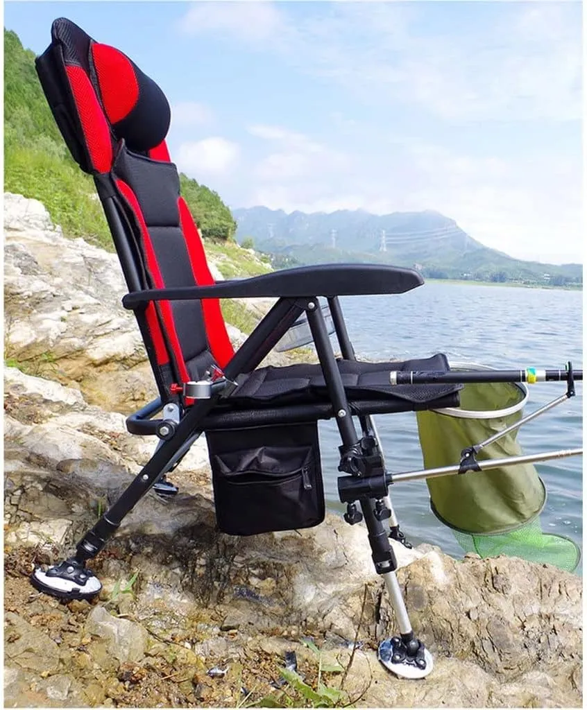 SEYFI Camping Chairs,Fishing Chair Outdoor Beach Chair Foldable Fishing Chair Recliner Four-Leg Adjustable Portable European Style Fishing Chair/Argento/Light Grey