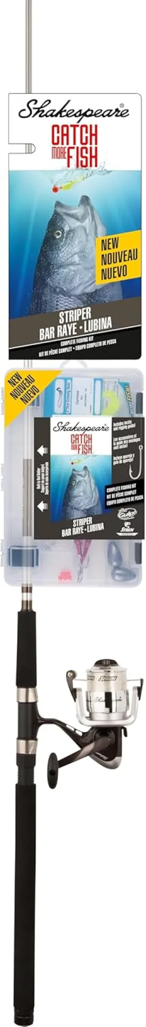 Shakespeare Catch More Fish Striper Spinning Fishing Combo, Includes Fishing Rod & Reel, Berkley Fishing Baits, Live Bait Tackle, Pre-Spooled with 14lb Stren Line