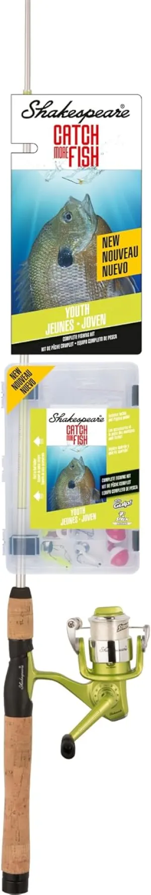 Shakespeare Catch More Fish Youth Spinning Fishing Combo, Includes Fishing Rod & Reel, Berkley Fishing Baits, Live Bait Tackle, Pre-Spooled with 6lb Stren Line