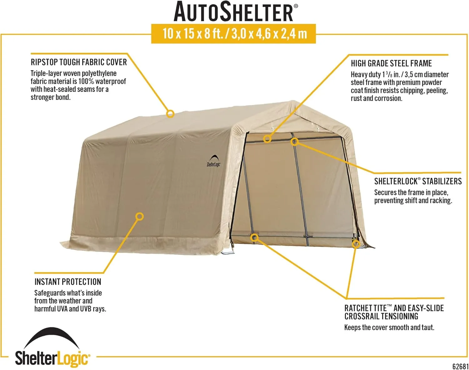 ShelterLogic Peak Style Roof Instant Garage Carport Car Canopy with Steel Frame and Waterproof UV-Treated Cover