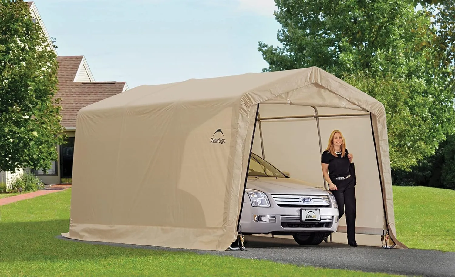 ShelterLogic Peak Style Roof Instant Garage Carport Car Canopy with Steel Frame and Waterproof UV-Treated Cover