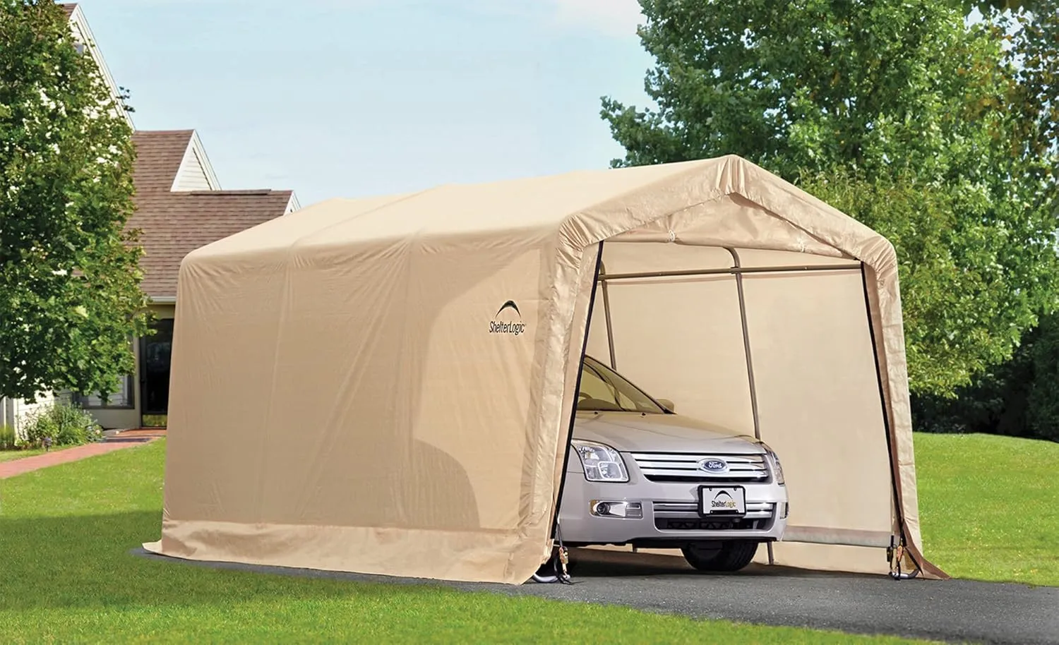 ShelterLogic Peak Style Roof Instant Garage Carport Car Canopy with Steel Frame and Waterproof UV-Treated Cover