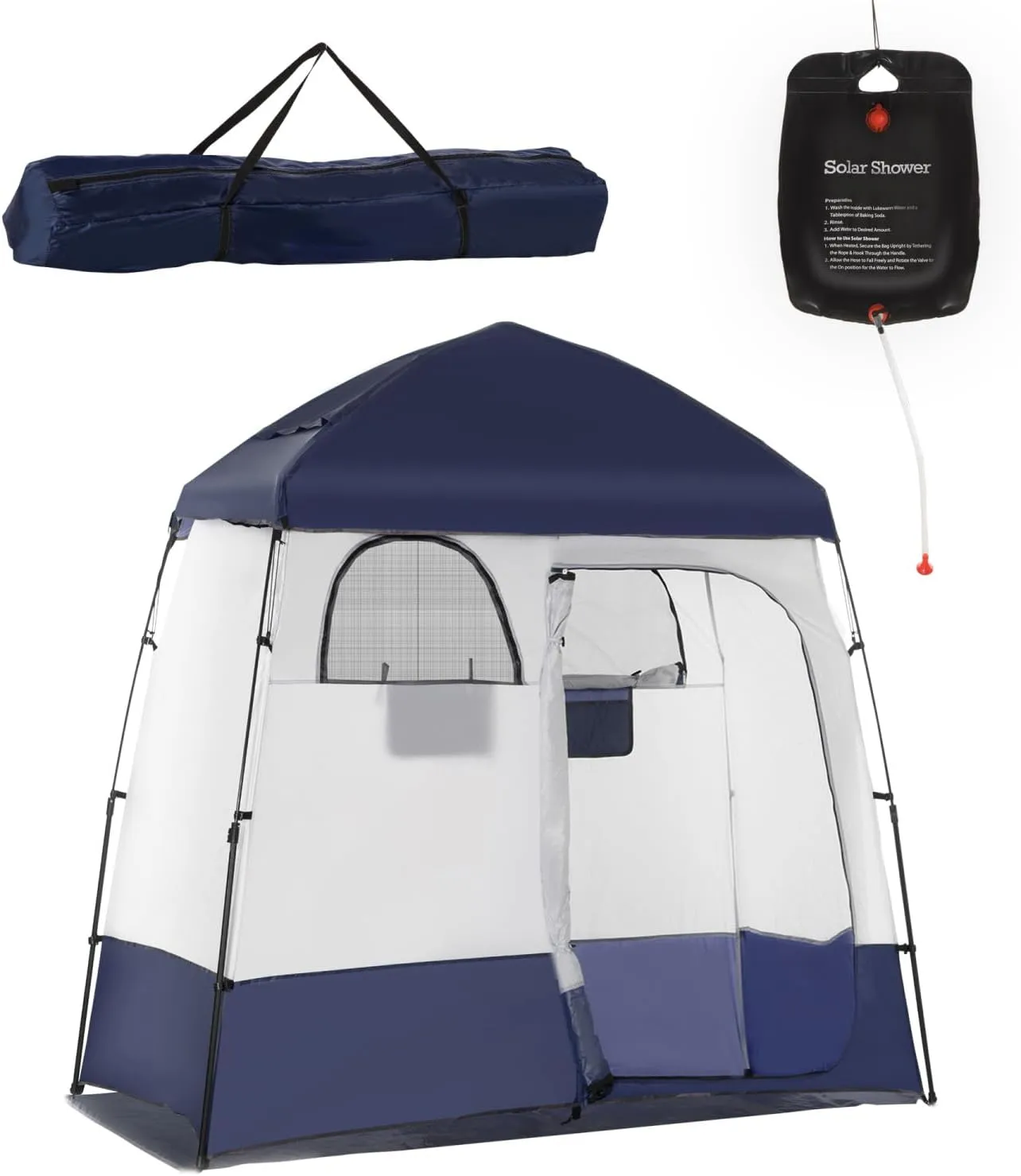 Shower Tent, Pop Up Privacy Shelter for Camping, Dressing Changing Room, Portable Instant Outdoor Shower Tent Enclosure w/ 2 Rooms, Shower Bag, Floor and Carrying Bag, Blue