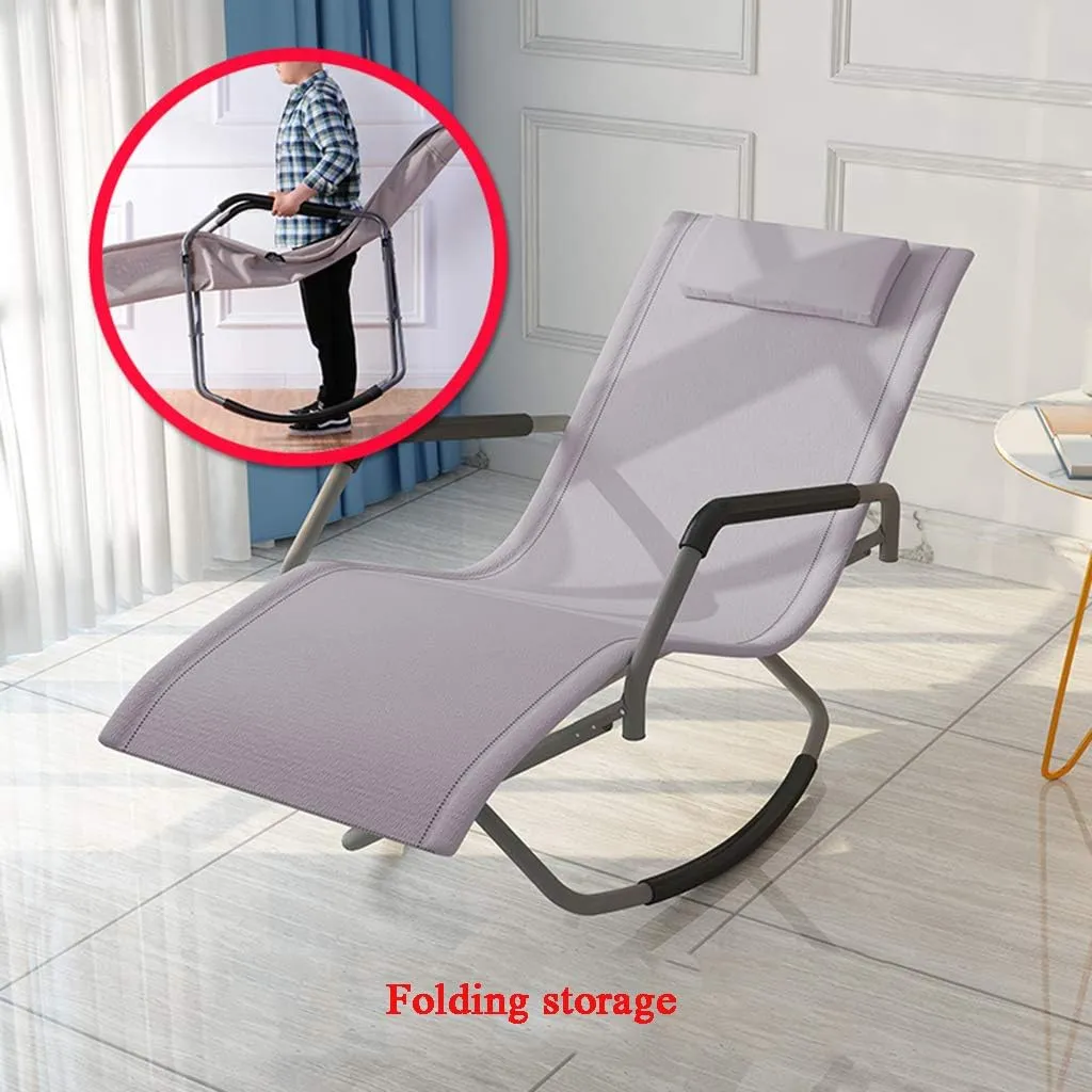 SHYM Outdoor Folding Recliner with Headrest Casual Portable Rocking Chair Reinforced Load-Bearing Breathable Fabric Thicker Tube X-Shaped Bottom Structure