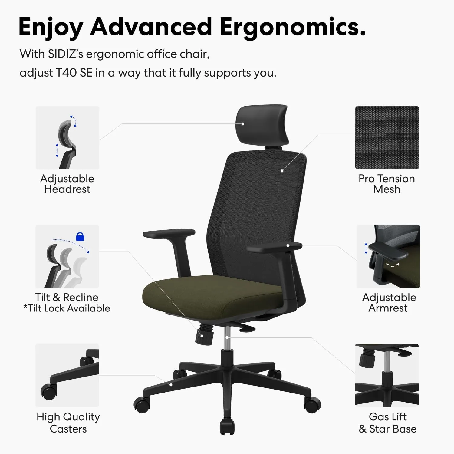 SIDIZ T40 SE Ergonomic Office Chair : Comfortable Home Office Chair for Light Users with Reclining Tilt Lock, Headrest, 3D Armrests, Mesh Back Computer Desk Chair, Alternative Gaming Chair (Khaki)