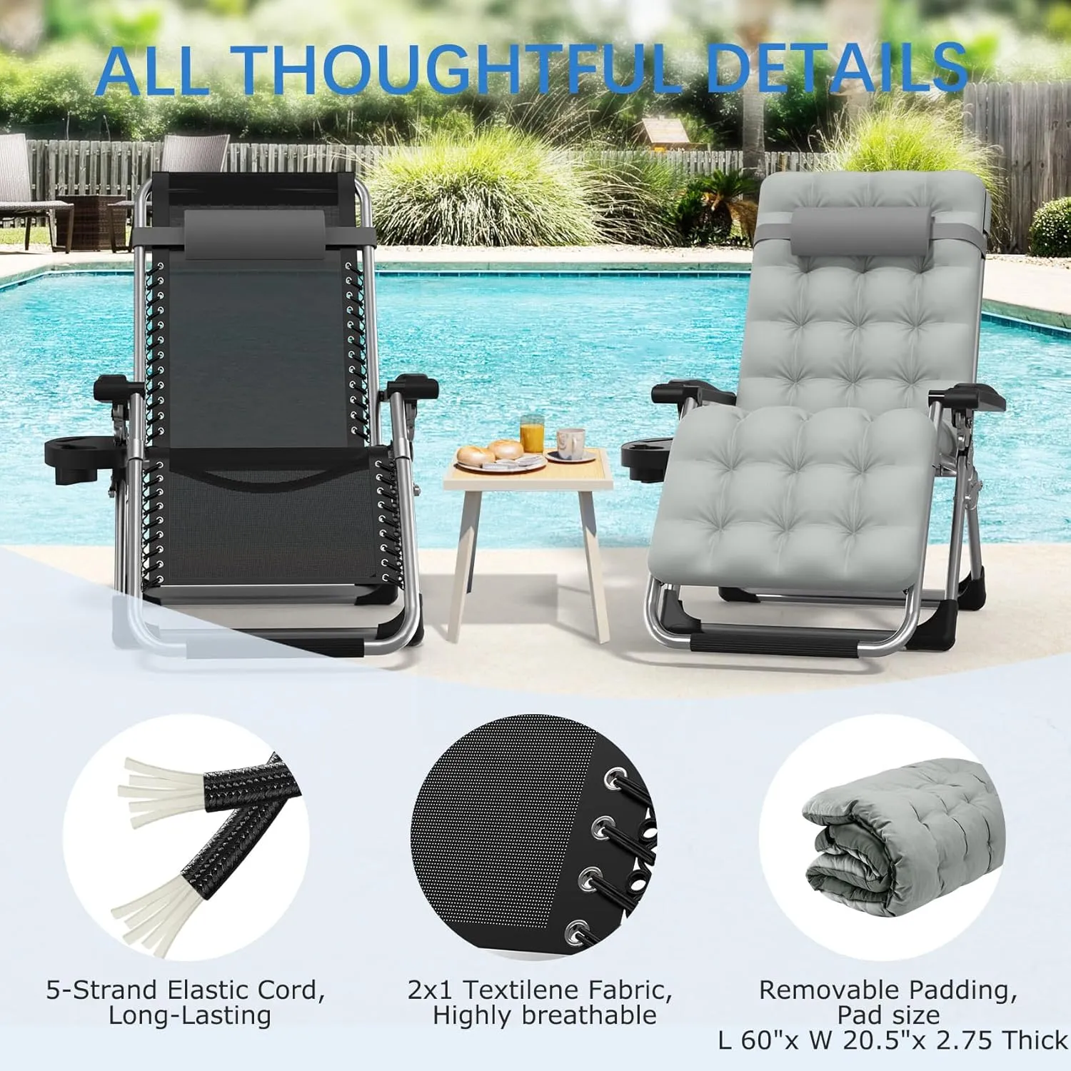 Slendor Zero Gravity Chair Lounge Chair Recliner w/Upgraded Lock and Removable Cushion, Reclining Camping Chair w/Cup Holder Tray & Headrest, Folding Reclining Patio Chairs for Indoor Outdoor, Gray