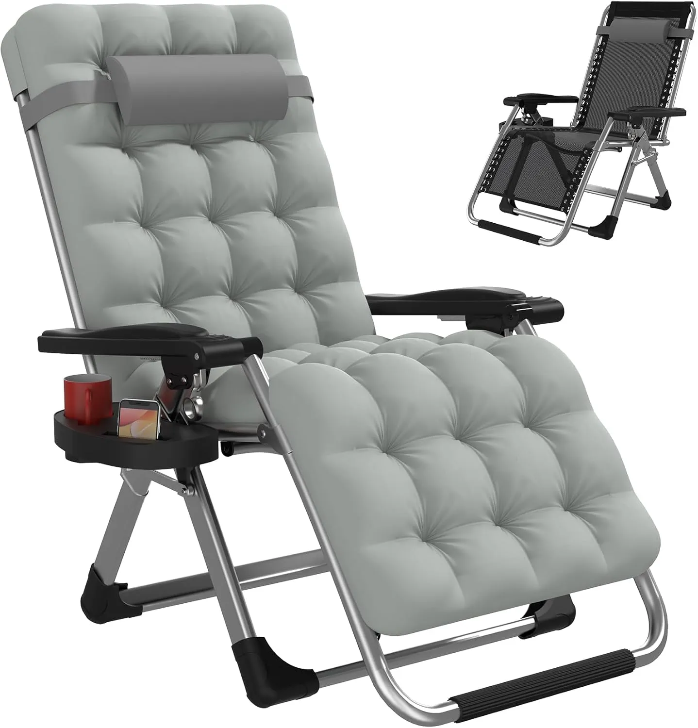 Slendor Zero Gravity Chair Lounge Chair Recliner w/Upgraded Lock and Removable Cushion, Reclining Camping Chair w/Cup Holder Tray & Headrest, Folding Reclining Patio Chairs for Indoor Outdoor, Gray