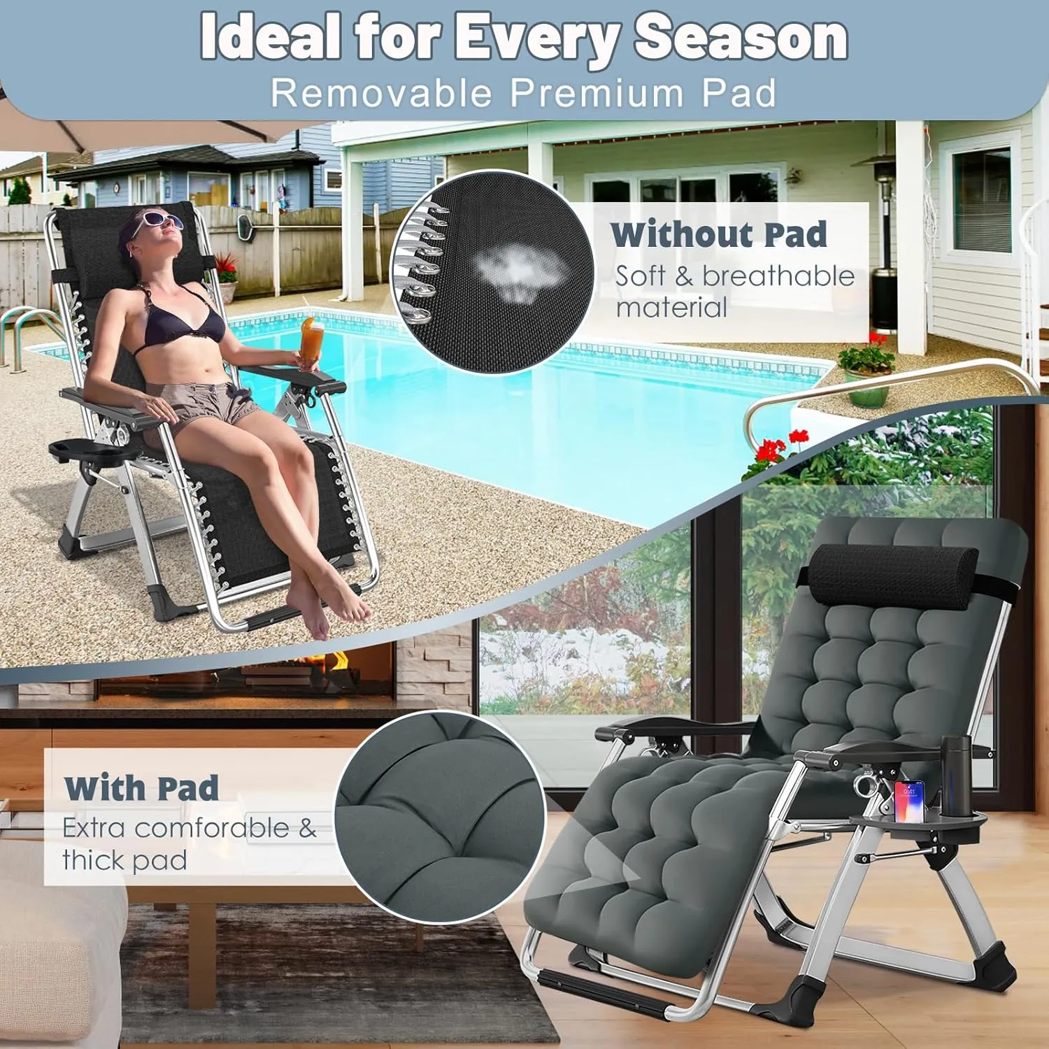 Slsy Zero Gravity Chair, Reclining Lounge Chair with Removable Cushion & Tray for Indoor and Outdoor, Patio Recliner Folding Reclining Chair