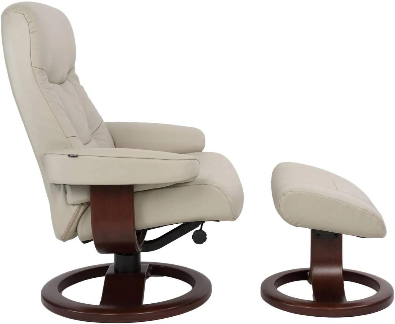 Small Leather Ergonomic Swivel Recliner Chair with Ottoman in Sandel NL 121 Nordic Line Leather with a Espresso Wood Stain Base
