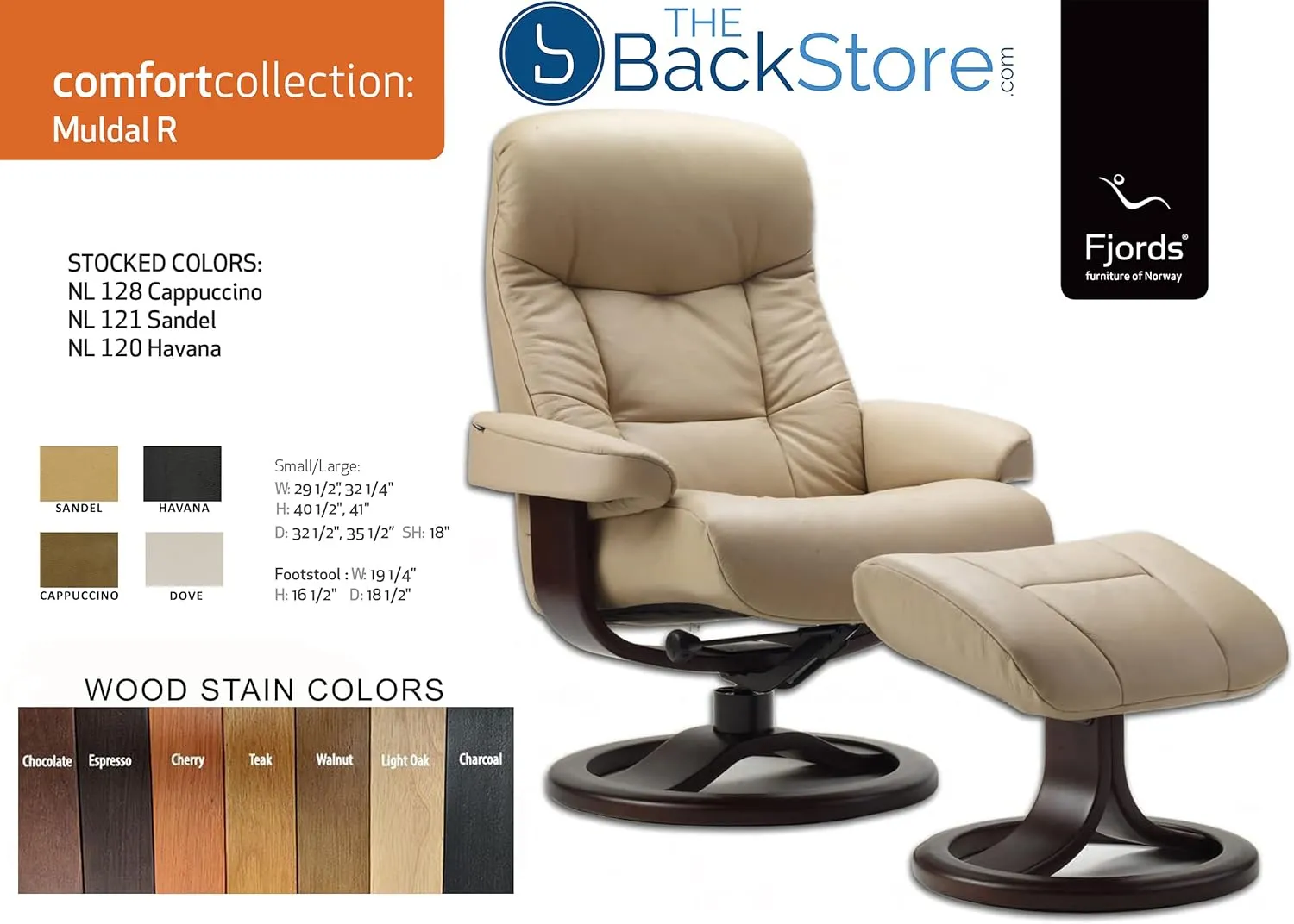 Small Leather Ergonomic Swivel Recliner Chair with Ottoman in Sandel NL 121 Nordic Line Leather with a Espresso Wood Stain Base