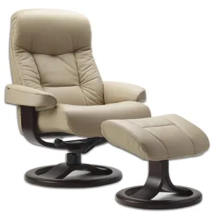Small Leather Ergonomic Swivel Recliner Chair with Ottoman in Sandel NL 121 Nordic Line Leather with a Espresso Wood Stain Base