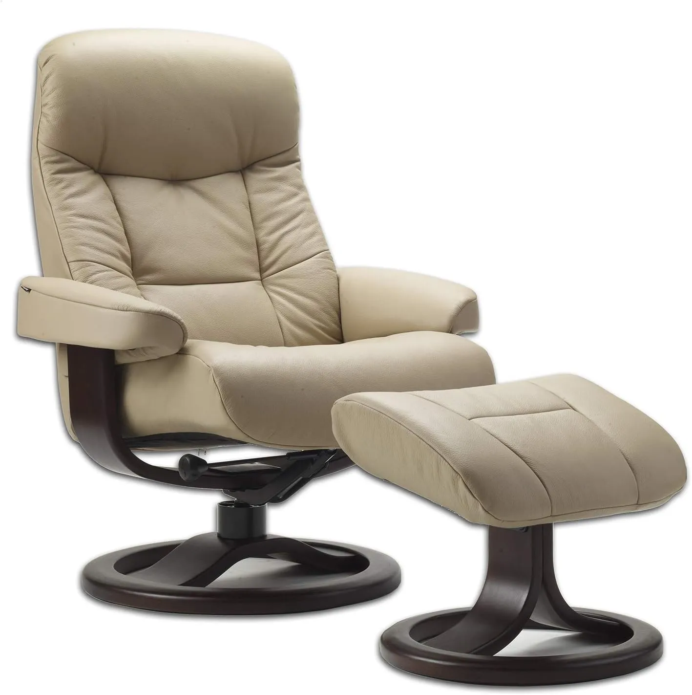 Small Leather Ergonomic Swivel Recliner Chair with Ottoman in Sandel NL 121 Nordic Line Leather with a Espresso Wood Stain Base