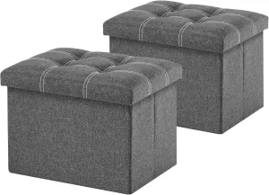 Small Ottoman with Storage Foldable Rectangular Footstool, 36L Storage Space Linen Fabric with Soft Padded Seat Footrest for Living Room Bedroom, Grey 2 Pack