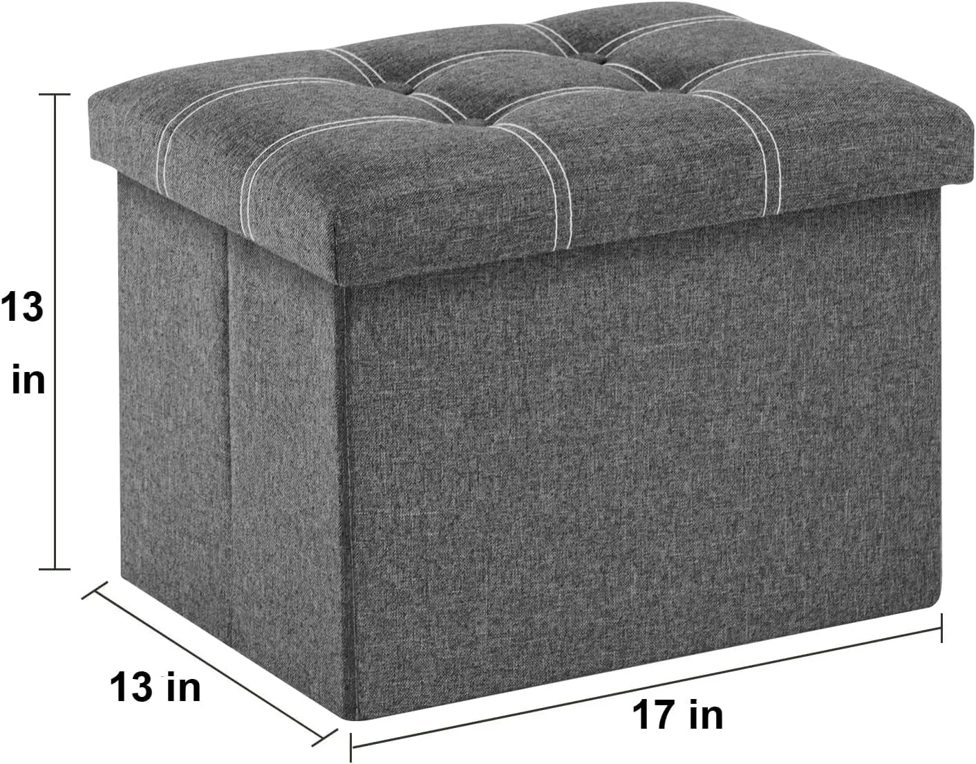Small Ottoman with Storage Foldable Rectangular Footstool, 36L Storage Space Linen Fabric with Soft Padded Seat Footrest for Living Room Bedroom, Grey 2 Pack