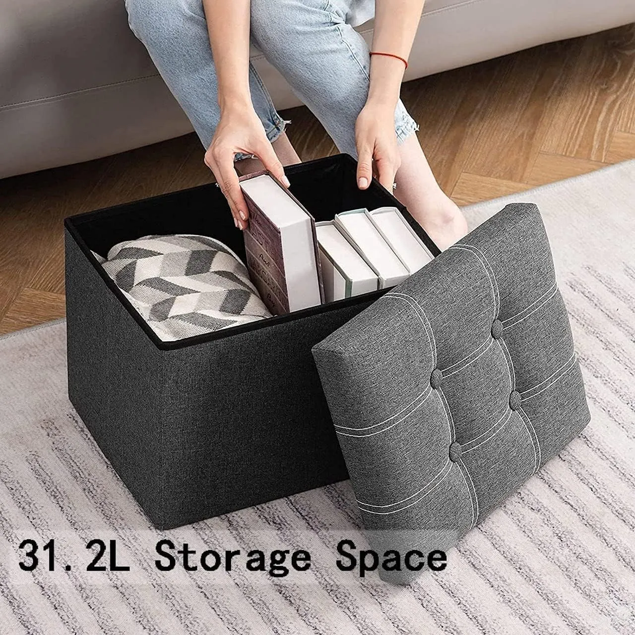 Small Ottoman with Storage Foldable Rectangular Footstool, 36L Storage Space Linen Fabric with Soft Padded Seat Footrest for Living Room Bedroom, Grey 2 Pack